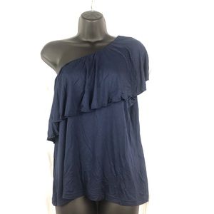 NWT Chaps Ruffled One-Shoulder Navy Blue Top XL